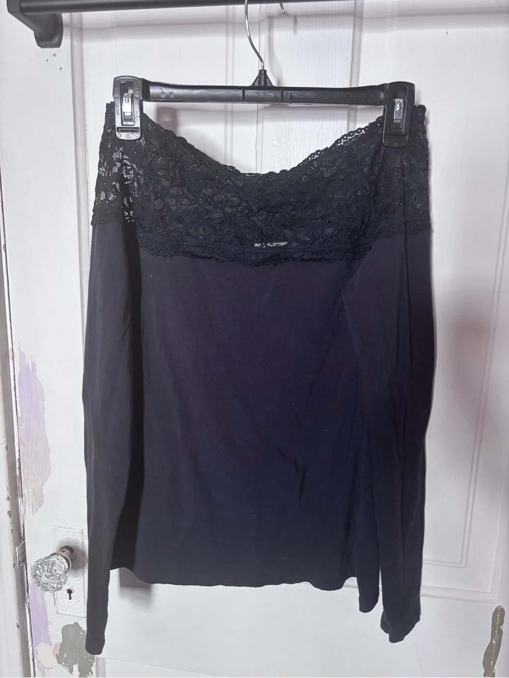 Lace-Trim Off-Shoulder Long Sleeve Top - Navy Blue